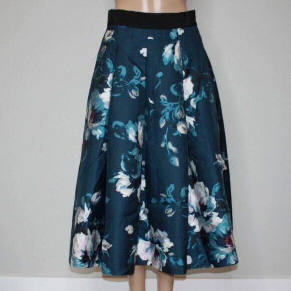 White House Black Market satin teal blue floral FULL midi skirt! sz 12! $160! - Picture 2 of 9